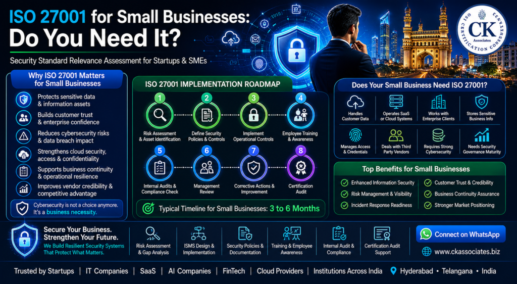 ISO 27001 for small businesses, ​ISO 27001 startup guide, ISO 27001 for SaaS companies, Small business cybersecurity compliance, ISO 27001 consultant Hyderabad, ISO 27001 implementation India, Information security for startups, Cybersecurity governance ISO 27001, ISO 27001 certification process, Data security for small business, ISO 27001 operational maturity  