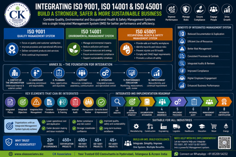 Business leaders implementing an Integrated Management System combining ISO 9001, ISO 14001, and ISO 45001 for quality, environmental, and occupational health and safety excellence.