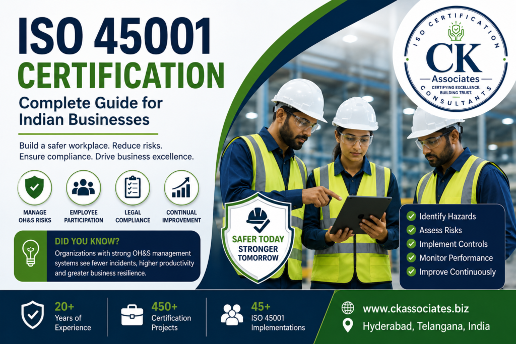 Understand ISO 45001 certification, OH&S requirements, benefits, implementation, audits and how it helps Indian businesses manage workplace risks.