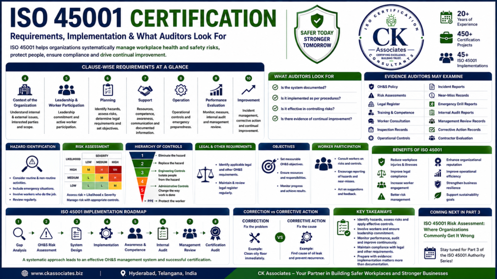 ISO 45001 certification requirements, implementation roadmap, auditor expectations, OH&S risk assessment, worker participation and certification evidence.