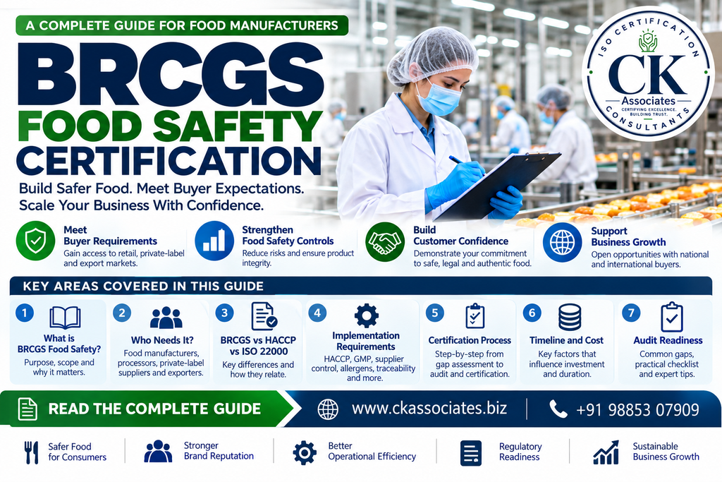 BRCGS Food Safety certification audit in a food manufacturing facility with a food safety inspector reviewing hygiene and production controls.