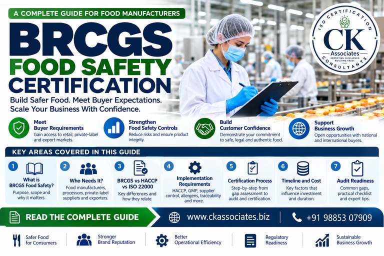 BRCGS Food Safety certification audit in a food manufacturing facility with a food safety inspector reviewing hygiene and production controls.