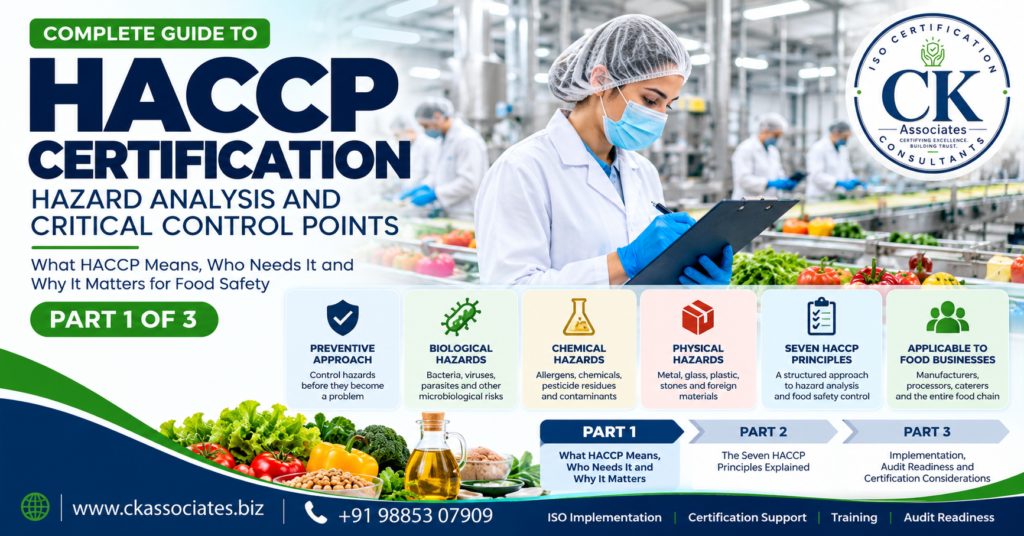 HACCP certification and food safety implementation guide showing hazard prevention, critical control points and hygienic food manufacturing.