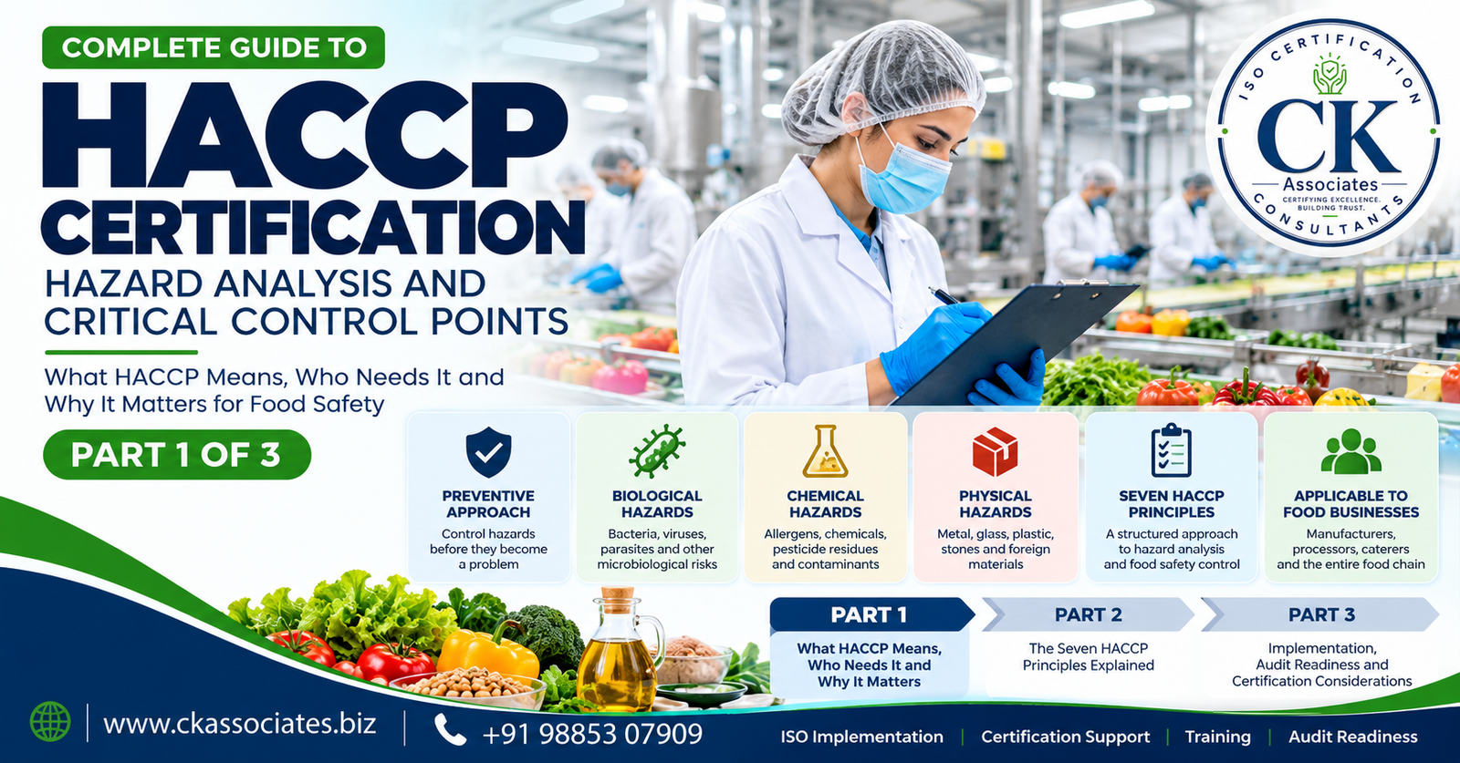 HACCP certification and food safety implementation guide showing hazard prevention, critical control points and hygienic food manufacturing.