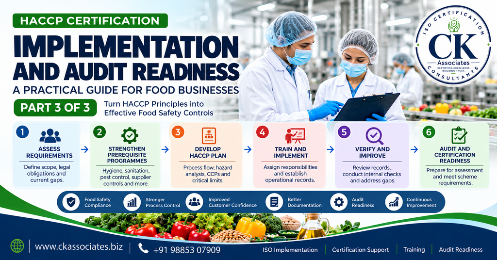 six key stages of HACCP implementation, from assessing requirements to audit and certification readiness.
