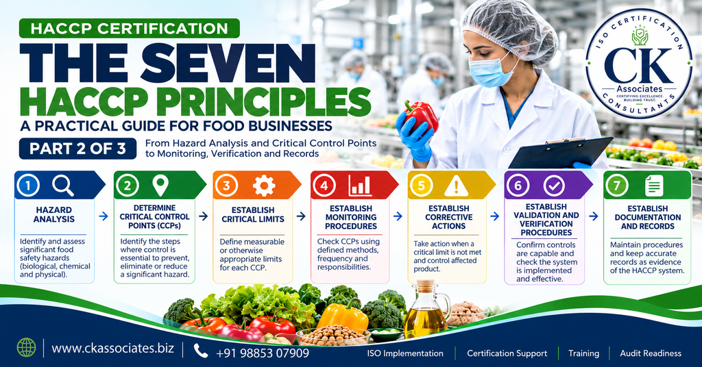 Seven HACCP principles infographic explaining hazard analysis, critical control points, critical limits, monitoring, corrective actions, verification and documentation.

