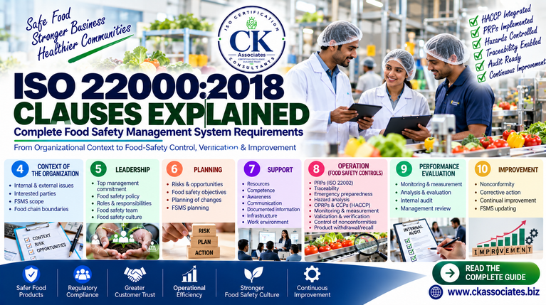ISO 22000:2018 implementation and certification roadmap showing gap analysis, PRPs, HACCP, hazard control, internal audit, management review and certification readiness